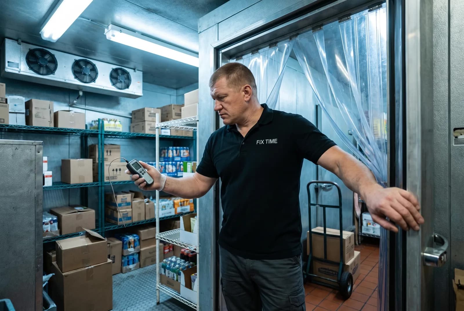 Technician checking the temperature of a walk-in cooler stocked with product at a Santa Clarita market